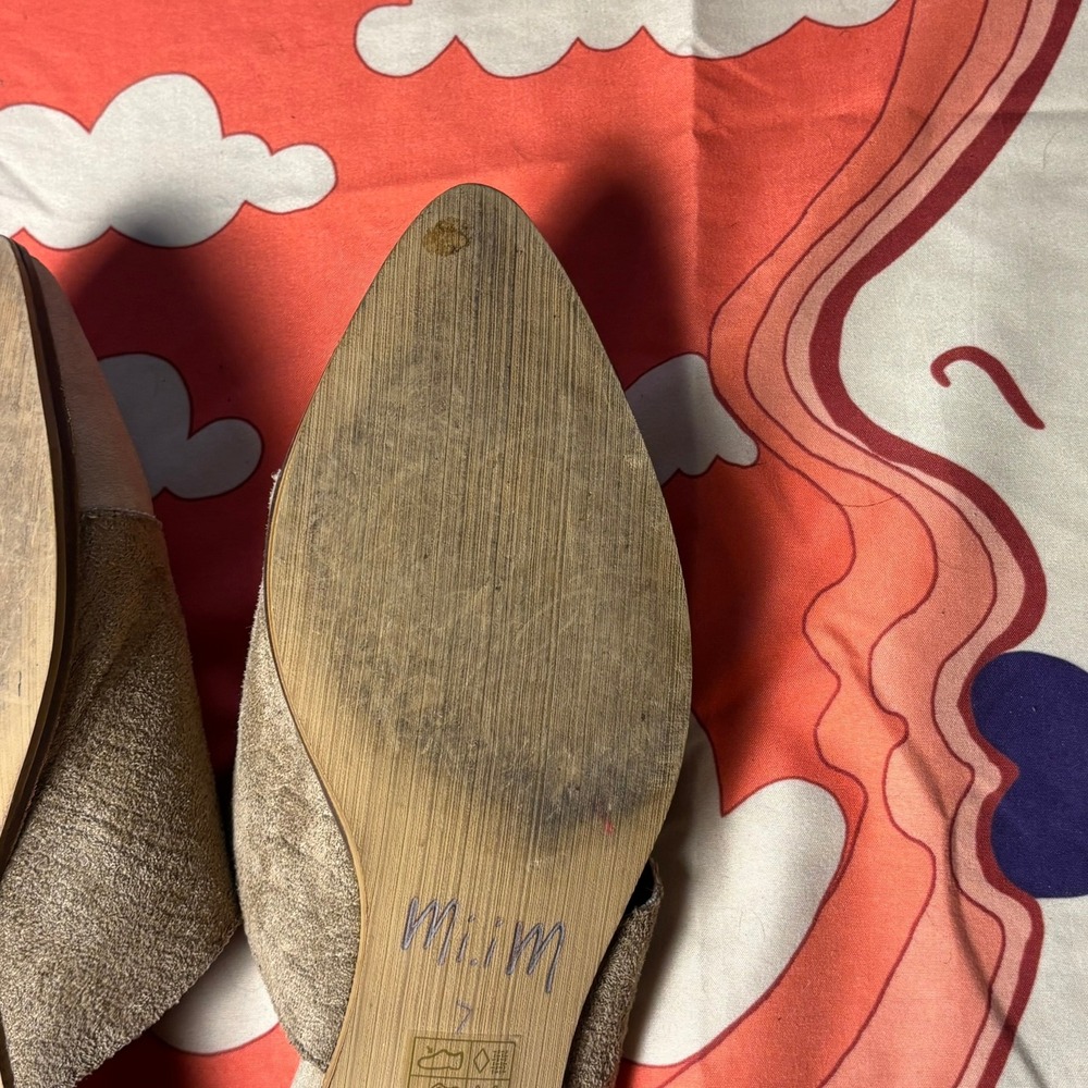 Mi.im Pointed Toe Mules Tan Taupe Two Tone Faux Suede Flat Slides Womens 7 Fall - Picture 10 of 16